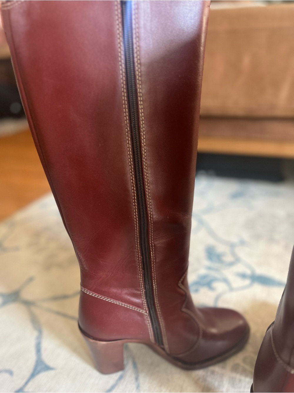 FRYE AND CO. Corinne Tall Deco Stitch Burgundy Leather Knee-High Heeled Boots - Picture 4 of 10